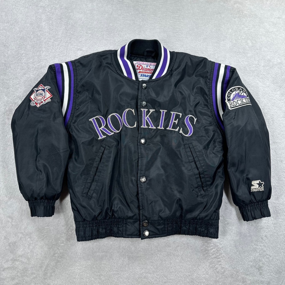 Vintage Colorado Rockies Jacket Kids Medium Black MLB Baseball Starter 90s